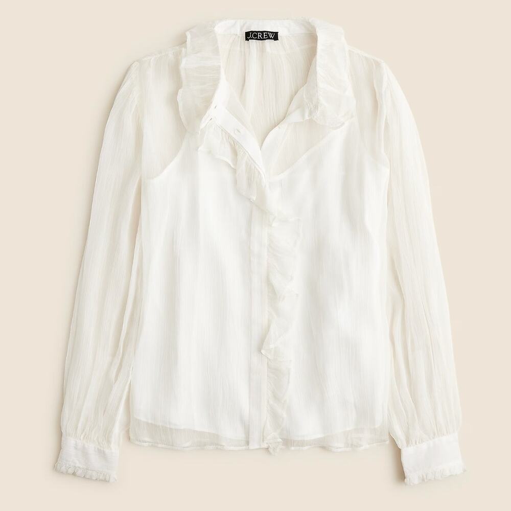 J.Crew Ruffle Button Up Shirt Crinkle Chiffon Sheer Boho Cupro Ivory US 4 NWT